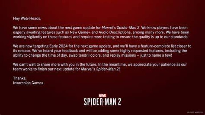 Spider-Man 2's Next Update Coming 'Early 2024,' Insomniac Says